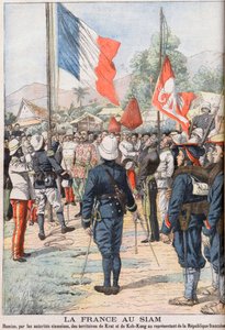 Francie přebírající území Krat a Koh-Kong, Siam po smlouvě z roku 1904 dohodnuté mezi Siamy a Francouzi, ilustrace z „Le Petit Journal“ února 1905 (rytina) od French School