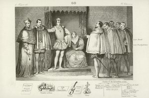 František II. Francouzský informuje poslance parlamentu, že si vybral své strýce, vévodu z Guise a Karla, kardinála Lotrinského, aby mu vládli, 1559 od French School