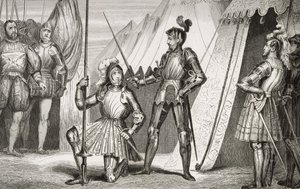 Francois I. (1494-1547) pasován na rytíře kapitánem Bayardem po bitvě u Marignana, z „Histoire de France“ od Colarta, vydáno kolem roku 1840 od French School