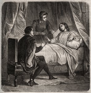 Francoise de Foix, hraběnka z Chateaubriant (asi 1495-1537), nemocná, přijímá Clementa des Marets dit Marot (1496-1544), komorníka Francois 1., na lůžku. Rytina z roku 1871 v „Histoire Des Cocus Celebres““ od Henryho de Kocka (1819-1892). od French School