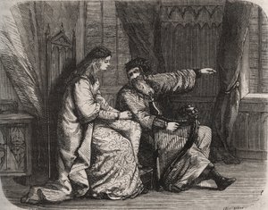 Fredegonde (545-597) se svěřuje se svými obavami harfistovi Barbantinimu, protože jeho milenec Chilperic (tehdejší král franků Chilperic I (543-597) si ho nevzal. 565. Rytina z roku 1871 v „Histoire Des Cocuses Celebres““ Henry de Kock (1819-1892 od French School