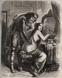 Fredegonde (545-597) vezme svého manžela, krále franků Chilperica I. (543-597), za svého milence Landerica. Král zjistí, že ho jeho žena podvádí. Rytina z roku 1871 v „Histoire Des Cocuses Celebres““ od Henryho de Kocka (1819-1892). od French School