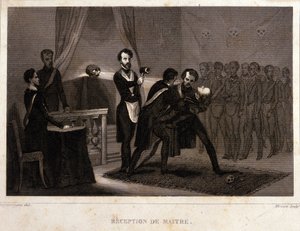 Freemaking: přijímací a iniciační obřad mistra. Rytina z knihy "Picturesque Histoire de la Franc Maconnerie et des Societes Secretes antique et modernes" od F.-T. B. Clavel. Pagnerre, editor. 1843. od French School