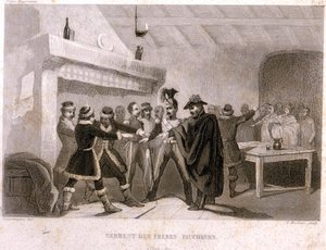 Svobodné zednářství: přísaha bratří ženců v Potoku v roce 1821. Rytina z „“ Malebné historie Franc Maconnerie et des Societes Secretes antique et moderne“ od F.-T. B. Clavel. Pagnere, redaktor. 1843. od French School