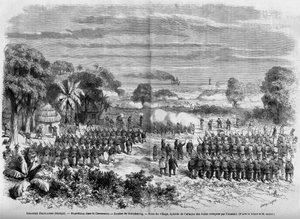 Francouzské kolonie (Senegal) 1865: Expedice v Casamance. Bitva o Guimbering, obsazení vesnice, epizoda útoku na duny obsazené nepřítelem. od French School