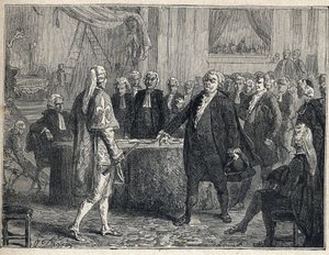 Francouzská revoluce - Valné shromáždění dne 23.06.1789: Honore Gabriel (Honore-Gabriel) Riqueti, hrabě z Mirabeau (1749-1791) oslovuje Henriho Evrarda (Henri-Evrard), markýze z Dreux Breze (Dreux-Breze) (1762- 1829). Rytina z roku 1889. Soukromá sbírka. od French School