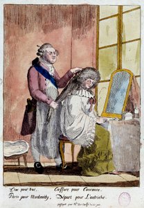 Francouzská revoluce: Karikatura útěku královské rodiny do Varenne ve dnech 20. a 21. 6. 1791: Král Ludvík XVI. ve stylu královny Marie Antoinetty měl odjet s falešným pasem guvernantky dětí baronky Korffové. Anonymní kol. od French School