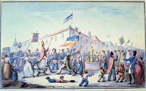 Francouzská revoluce: „“ Formovaná maškaráda lidu se obléká do kněžského oděvu““. Anonymní akvarel. 1793. Paříž, Knihovna L