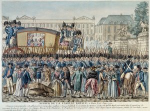Francouzská revoluce: "Návrat královské rodiny do Paříže 25. 6. 1791" Korzár projíždí náměstím Place de la Concorde. Rytina francouzské školy z konce 18. století. Pařížské Musée Carnavalet od French School