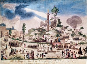 Francouzská revoluce: Slavnost Nejvyšší bytosti na Champs de Mars dne 8. 6. 1794 (20 Prairial An II). Anonymní rytina 18. století. od French School