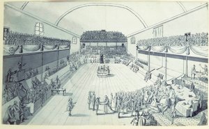 Francouzská revoluce: zrození ústavy v září 1791 redigested Guy Jean-Baptiste Target (1733-1807) v místnosti Jeu de Paume ve Versailles, kde deputáti složili přísahu dne 20.06.1789. Anonymní kresba kolem roku 1791. Paris, Lou od French School