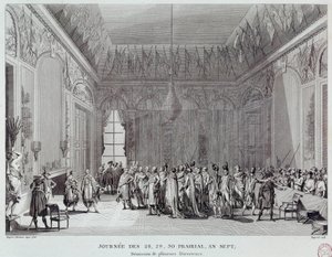Francouzská revoluce: dny 28., 29. a 30. prérie roku VII, která vedla 18. června 1799 ke státnímu převratu abbé Emmanuela-Josepha Sieyese (1748-1836) (neboli pomstě koncilů) a viděl demisi několika thermidorských ředitelů. Gravírování o od French School