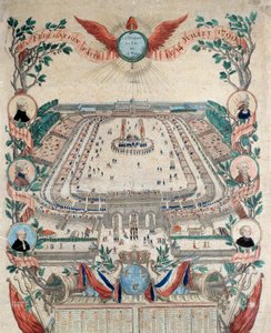 Francouzská revoluce: pohled na slavnost národní federace 14. července 1790 na Champs de Mars. Rytina z roku 1790. Paříž, Národní archiv od French School