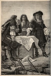 Francouzský architekt Vauban vypracovává plány opevnění Belfortu (východní Francie) na žádost Ludvíka XIV. v roce 1687 - Sebastien Le Prestre de Vauban uvádí plány opevnění Belfortu - rytina „” PATRIE”” - POPIS PECTUREEQU od French School