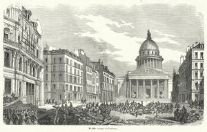 Francouzské armádní jednotky útočící na povstalce okupující Pantheon, Paříž, 24. června 1848 (rytina) od French School
