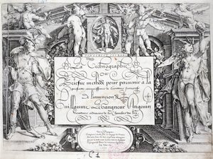 Francouzská kaligrafie: Technografie, frontispis Guillauma Gangneura kolem roku 1599. Historická knihovna města Paříže. od French School