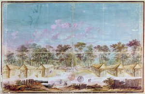 Osada francouzských kolonistů na pláži Kourou, Guyana v roce 1763 (wc na papíře) od French School