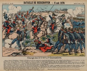 Francouzští kyrysníci útočící na pruskou pěchotu v bitvě u Reichshoffenu, francouzsko-pruská válka, 6. srpna 1870 (barevná rytina) od French School