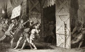 Francouzští rytíři zaútočili na město držené Angličany během 100leté války, z „Histoire de France“ od Colarta, vydané kolem roku 1840 od French School