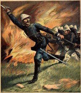 Francouzský důstojník v Tonkinu (Indočína) během bitvy proti čínské armádě; 1891. Rytina v "La Terre Illustree" č. 69 z 25. února 1892. od French School