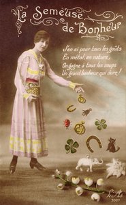 Francouzská pohlednice zobrazující La Semeuse de Bonheur (Rozsévač štěstí), 29. března 1914 od French School