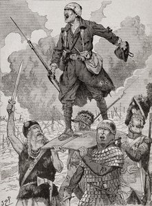 Francouzský propagandistický plakát s názvem „Na Les Aura“, aneb My je budeme mít. Čtyři vojáci z různých historických období nesou na štítu zraněného, ale vzdorného vojáka z první světové války. Z Agenda Buvard du Bon Marche publikované v roce 1917. od French School