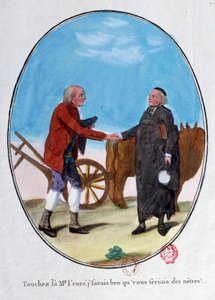 Francouzská revoluce: rolník a kněz si podávají ruce. "Dotkněte se toho pána, věděl jsem, že budete jedním z nás." Kreslená rytina z konce 18. století. Paříž, Knihovna Arsenalu od French School