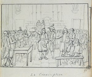 Francouzská revoluce: odvodní scéna v Bretani v roce 1793. Paříž, Musee Carnavalet od French School