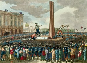 Francouzská revoluce: poprava krále Ludvíka XVI. (1754-1793) gilotinou, kat ukazuje jeho useknutou hlavu. Rytina podle Fiousovy kresby. 18. století. Paříž, Musee Carnavalet od French School