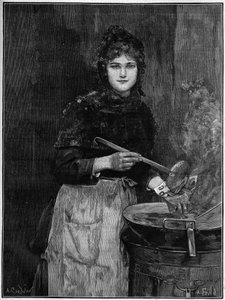 Obchodník se smaženými bramborami; 1888 rytina z obrazu Achilla Foalda. od French School