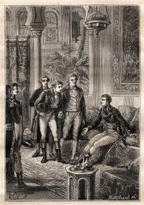 Friedrich Konrad Hornemann (1772-1801) se setkal s Napoleonem Bonapartem v Káhiře v roce 1797 za přítomnosti Gasparda Monge (1746-1818) a Clauda Louise Bertholleta (1748-1822) - ilustrace převzata z „The Great Mariners of the 18th century“ od French School