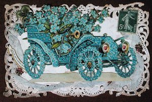 Přání o přátelství zobrazující auto pokryté květinami, začátek 20. století (barva lito)_ od French School