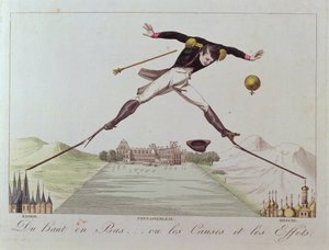 Od vysokého k nízkému... aneb Příčiny a následky, karikatura Napoleonovy zahraniční politiky, kolem roku 1814 od French School