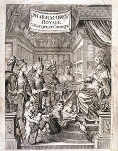 Frontispice of “” Pharmacopoeia royal, galenic and chymic”” od Morse Charase, lékárna v Královské zahradě rostlin v Laurent d