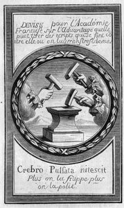 Frontispice „Factums“ proti Francouzské akademii od Antoina Furetiera (1619-1688). Rytina z roku 1860. od French School