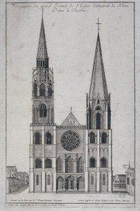 Frontispice velkého portálu kostela Cathedrale de Notre Dame à Chartres, navržený přímo na místě geografem Saint Vincentem, sd. 19. století od French School