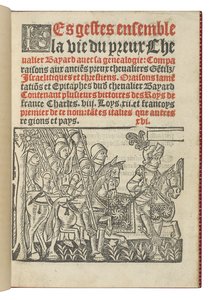 Frontispis z „Gesta společně život udatného rytíře Bayarda s genealogií“, od Symphoriena Champiera od French School