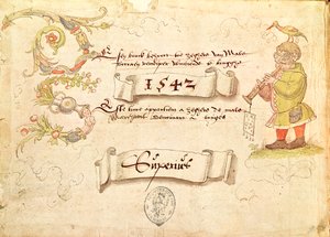 Frontispis z Recueil de chants religieux et profanes IX zobrazující obrýleného muže hrajícího na dechový nástroj s ptákem na hlavě, 1542 od French School