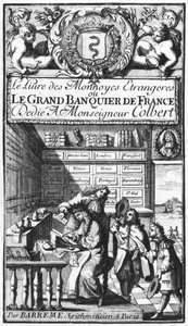 Frontispis Le Grand Banquier de France nebo Le Livre des Monnaies Etrangeres od Bertranda Francoise Barreme (1640-1703), konec 17. století od French School