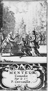 Frontispiece of Le Menteur od Pierra Corneille (1606-84) vydaný v roce 1664, Amsterdam od French School