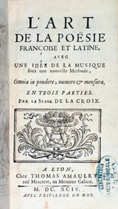 Frontispis Umění francouzské a latinské poezie s myšlenkou hudby podle nové metody od Pherotee La Croix od French School