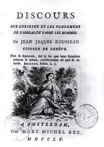 Frontispis k diskurzu o původu a základech nerovnosti mezi muži Jean-Jacques Rousseau (1712-78) kolem 1755 od French School