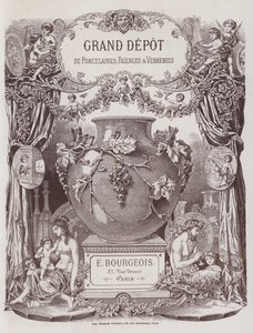 Frontispis do katalogu Grand Depot de Porcelaines, Faiences et Verreries (barevné lito) od French School