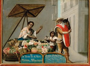 Stánek s ovocem a výčtem exotického ovoce z Mexika od French School