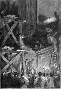 Pohřeb papeže Pia Ix (Pio) (1792-1878): pohřeb těla v bazilice sv. Petra v Římě. Rytina v „“ Le Monde Illustré““ č. 1093 z 9. března 1878. od French School