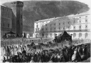 Pohřeb hraběte z Cavour, Turín, 7. června 1861: pohřební průvod nesoucí rakev Camilla Benso, hraběte z Cavour (1810-1861), italského politika. Rytina v „“ Le Monde Illustré““ č. 219 z 22. června 1861. od French School