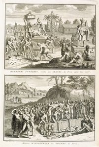 Pohřební rituály a způsob pohřbívání pánů po jejich smrti v Peru, ilustrace z Náboženských obřadů a zvyků, vyryl Bernard Picart (1673-1733) 1722 od French School