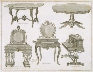 Návrhy nábytku od Lefevre-Chauveaux, z alba Dessins de Meubles, černobílá rytina od French School