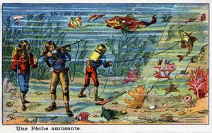Budoucí dny: Vize roku 2000 ze série devatenáctého století: Zábavné rybaření (pod mořem). Chromolitografie od Villemarda od French School