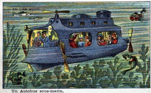 Budoucí dny: Vize roku devatenáctého století série 2000: Podvodní autobus. Chromolitografie od Villemarda od French School